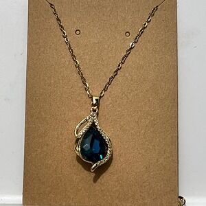 Gold‎ Tone Teardrop Blue Crystal Pendant Necklace Sparkle Accents Women